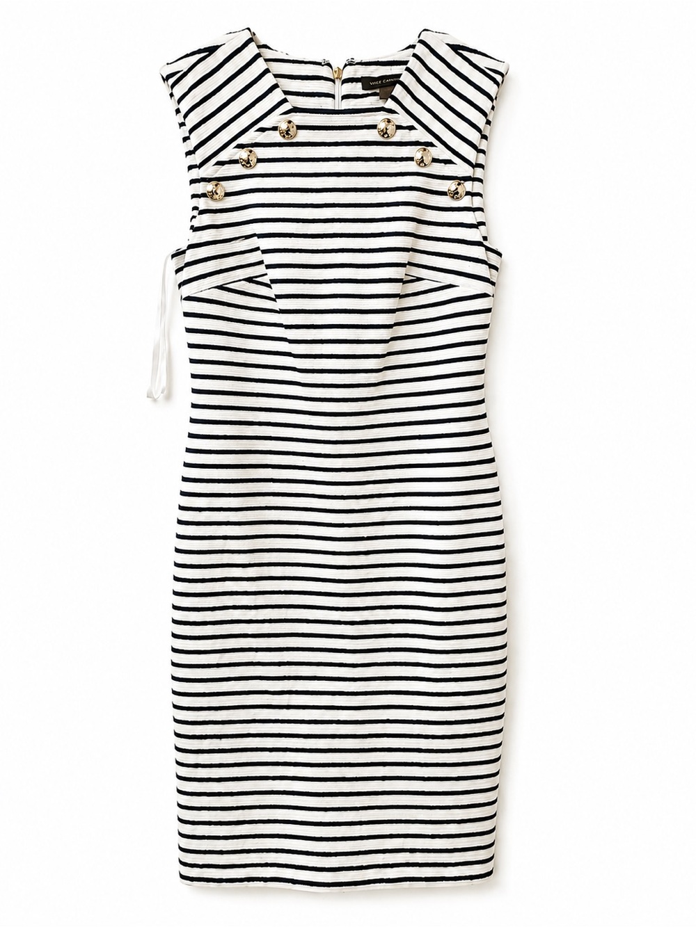 Tommy Hilfiger White and Black Striped Sleeveless Sheath Dress with Gold Buttons
